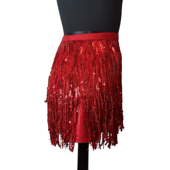Red Sequins Fringe Skirt High Shine Shimmer Metallic, Performance Wear SZ S - Picture 11 of 17